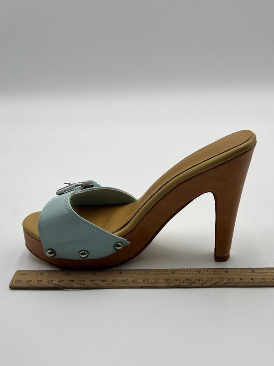 XYD Shoes - XYD Cyan Open Toe Studded Cone High Heel Mules Strap Buckle Slip On Sandals